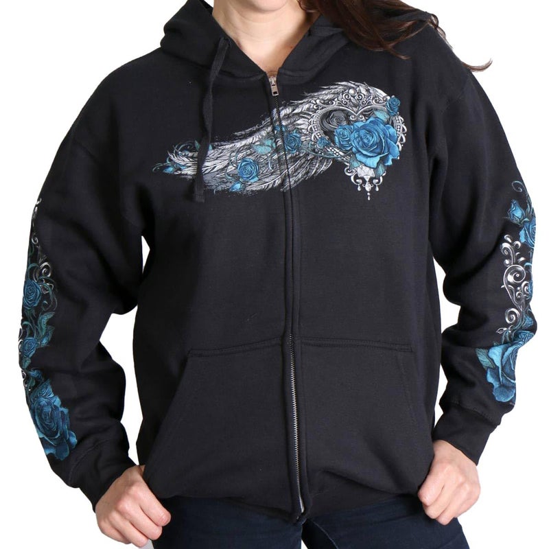 Hot Leathers womens Motorcycle GLZ4345 Women's Angel Roses Zip Up Hoodie Shirt, Black, Large US - Image 1